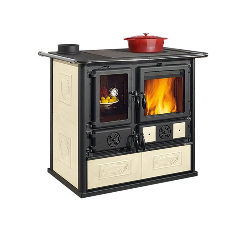 Cuisinière à bois Rosa Sinistra Reverse Finition NORDICA Extraflame Céramique Liberty Parchemin