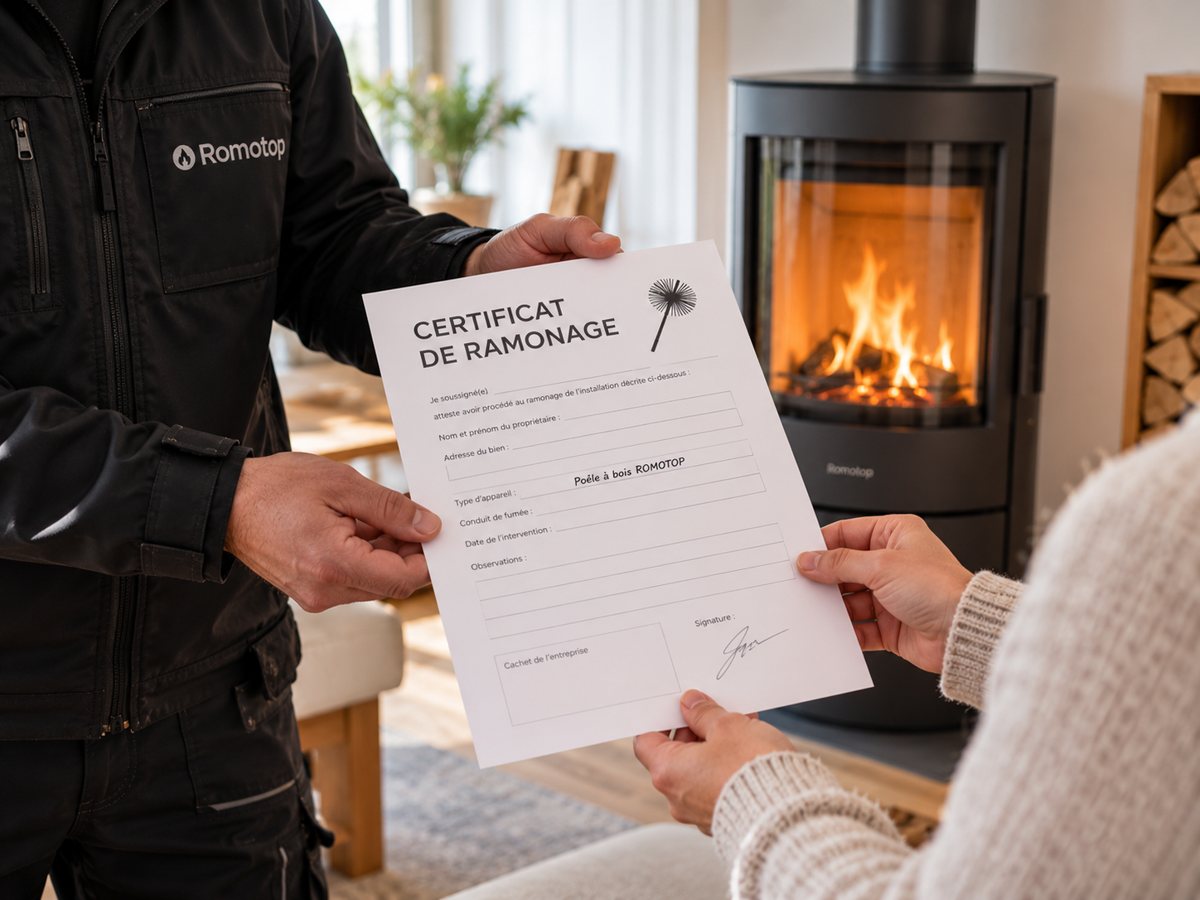 Remise du certificat de ramonage au propriétaire devant le poêle à bois