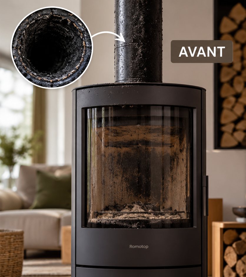 Poêle à bois avec conduit de fumée encrassé par la suie et le bistre avant ramonage