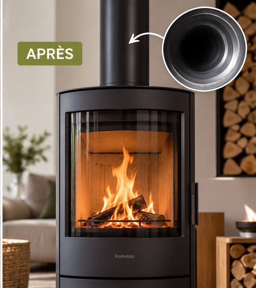 Poêle à bois avec conduit de fumée propre après ramonage et belle flambée