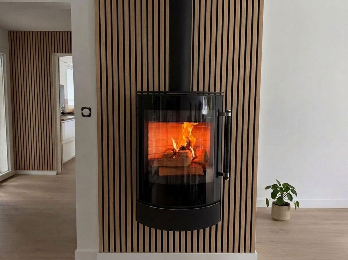Poêle à bois installé par Lékko sur un mur en tasseaux bois