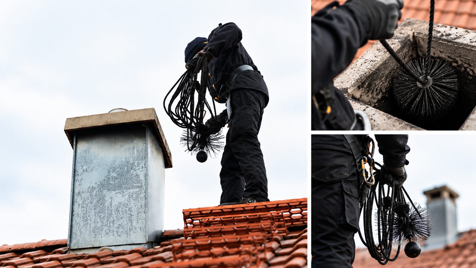 Ramoneur sur le toit avec hérisson et cordes de ramonage d'un conduit de cheminée